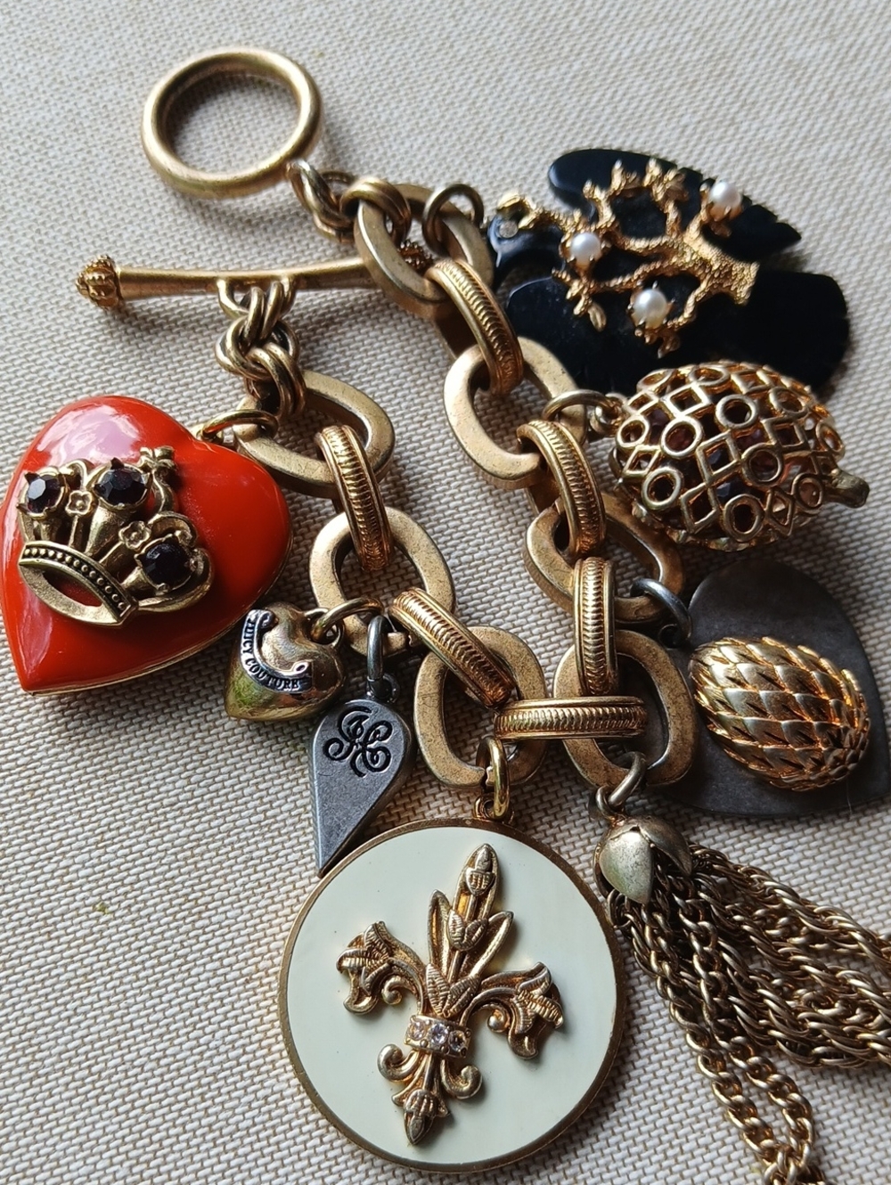 Juicy Couture Y2K Chunky Gold-Tone Multi-Charm Heart Locket & Tassel Bracelet